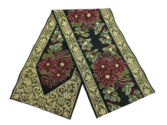 Unbranded Other - Christmas Tapestry Table Runner 100” Poinsettia Holly Ornament Holiday 13.5” W